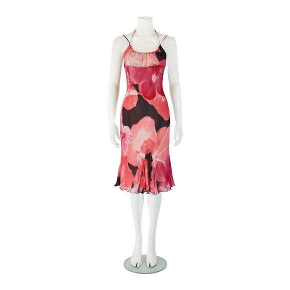 Blumarine S/S 2002 Pink & Black Hibiscus Floral Silk Dress - Picture 2 of 6